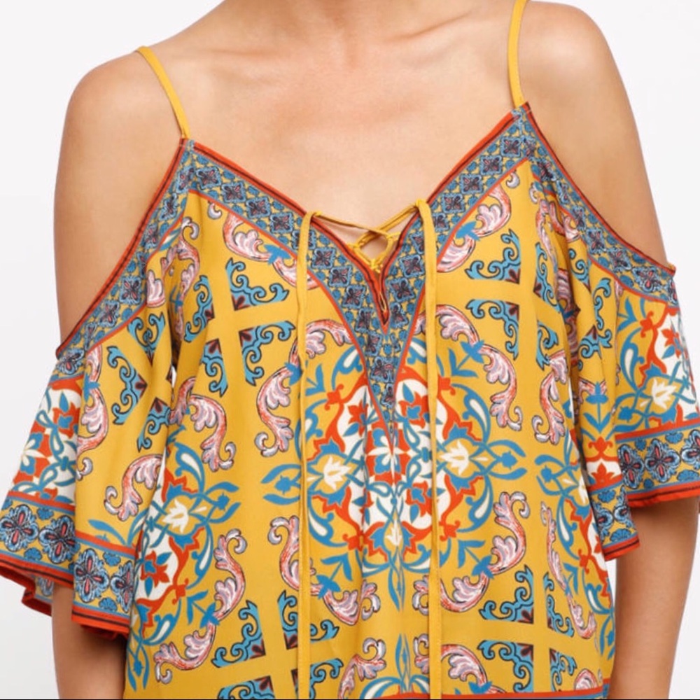 Cold Shoulder Patterned Blouse in Yellow NWOT - Picture 5 of 6